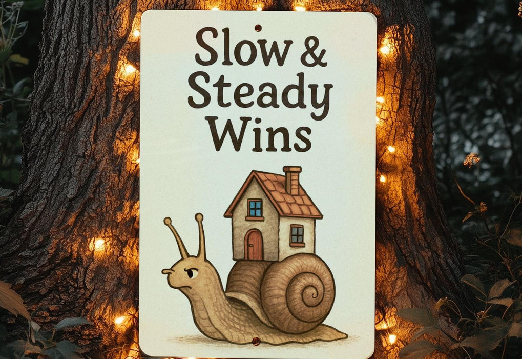 a sign that says slow and steady wins with a snail on it