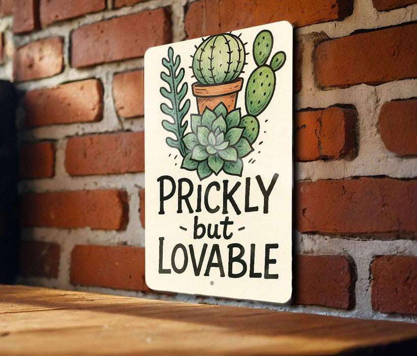 a sign that says prickly but lovable on a brick wall