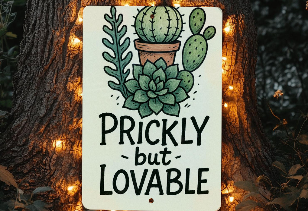 a sign that says prickly but lovable on a tree