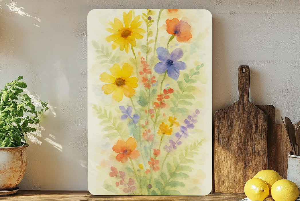a painting of flowers on a wall next to a cutting board