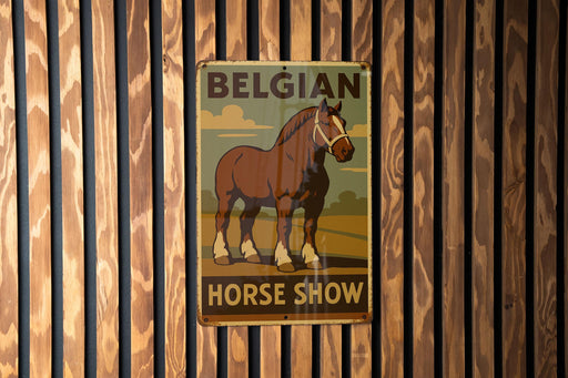 a horse show poster hangs on a wooden wall