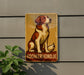 a brown and white dog sitting on top of a sign