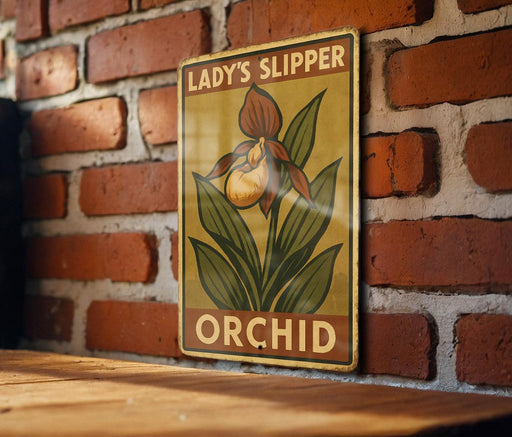 a picture of a lady's slipper orchid on a brick wall
