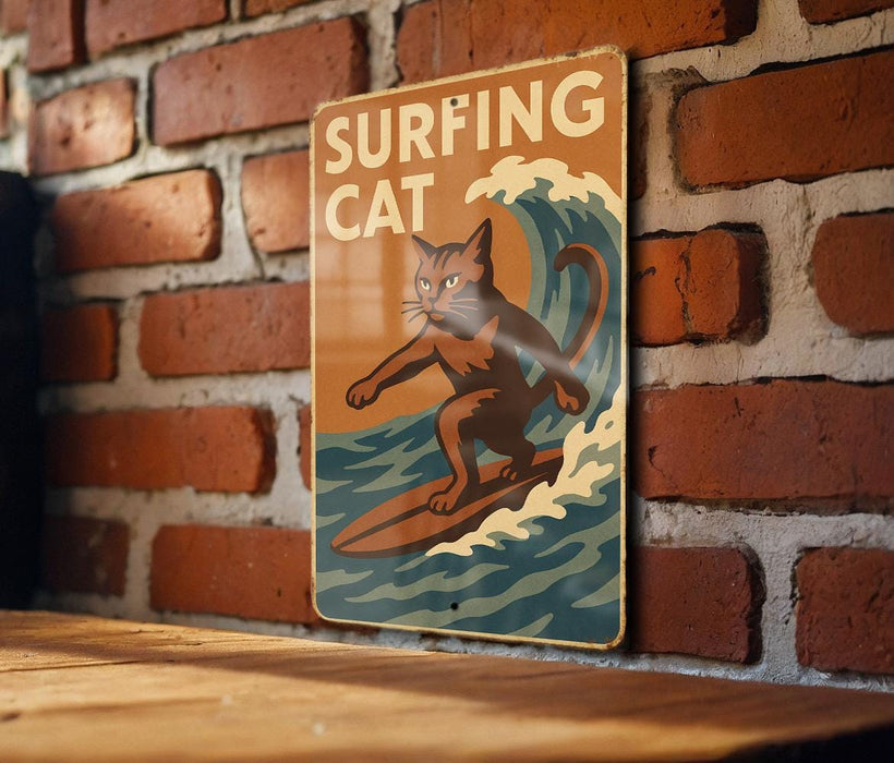 a sign on a brick wall that says surfing cat