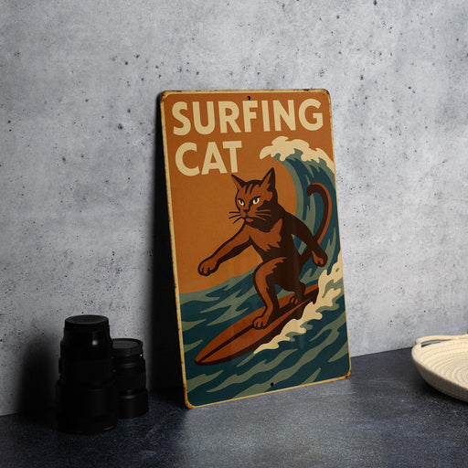 a picture of a cat surfing on a surfboard