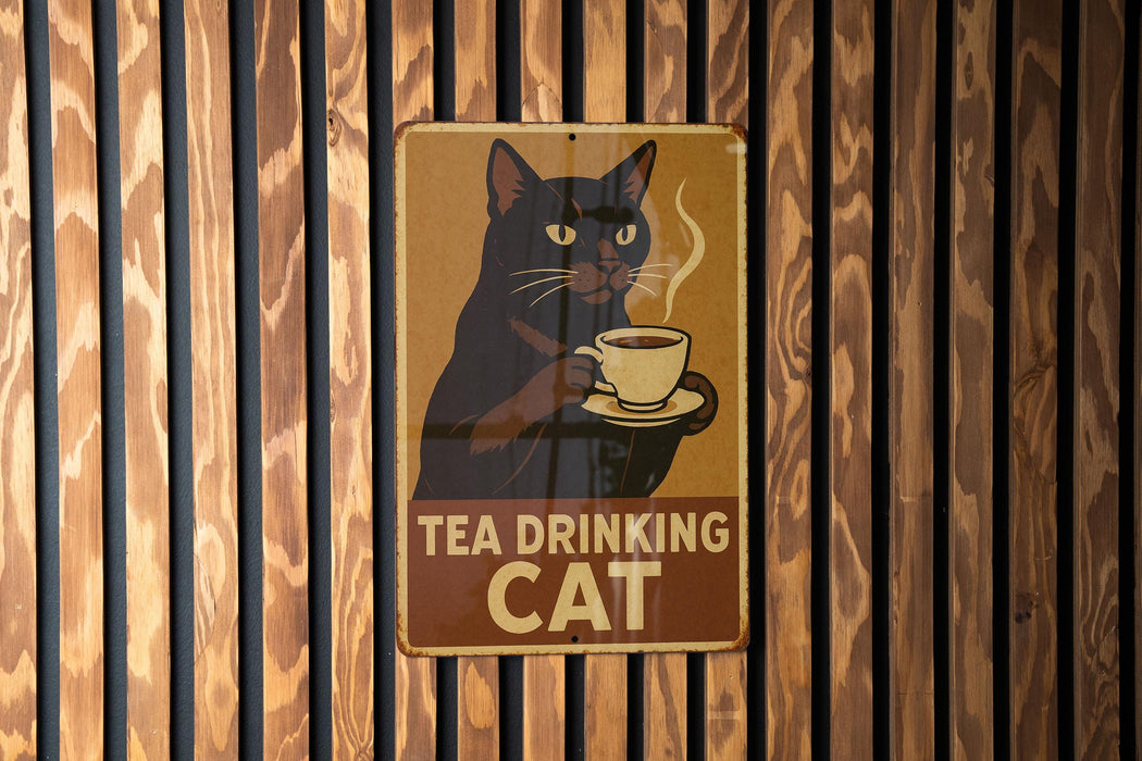 a sign on a wooden wall that says tea drinking cat