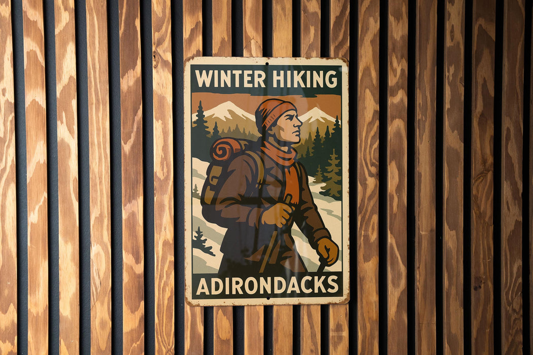 a sign on a wooden wall that says winter hiking adirondacks