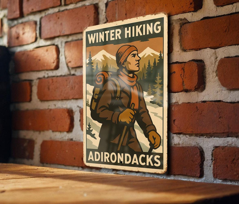 a sign on a brick wall that says winter hiking adirondacks