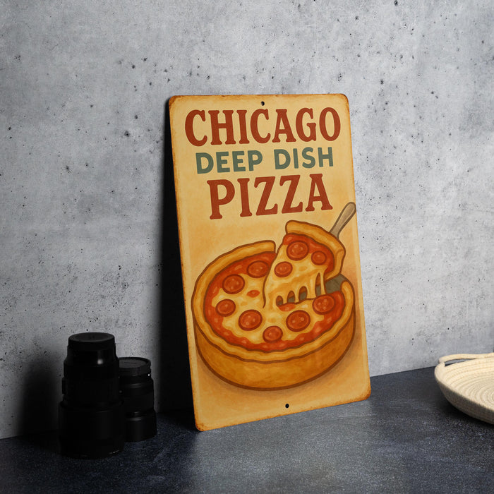 a chicago deep dish pizza sign on a table