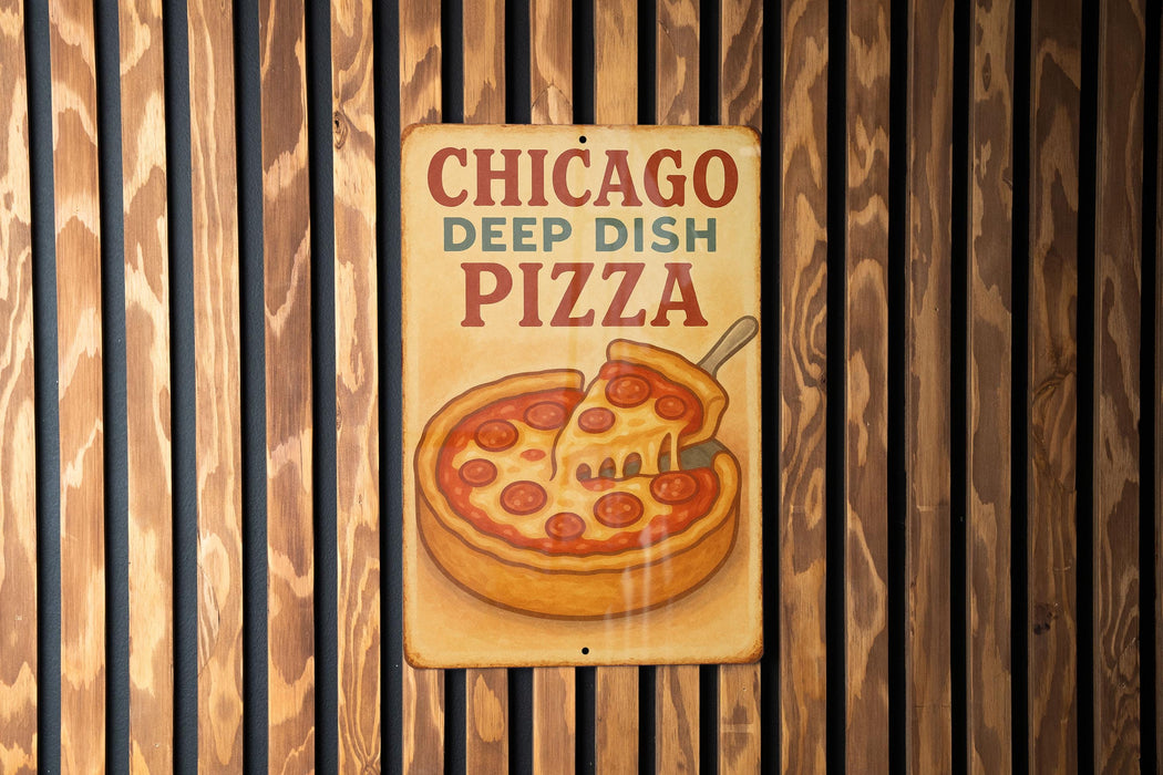 a chicago deep dish pizza sign on a wooden wall