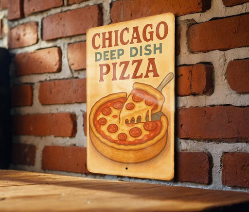 a chicago deep dish pizza sign on a brick wall