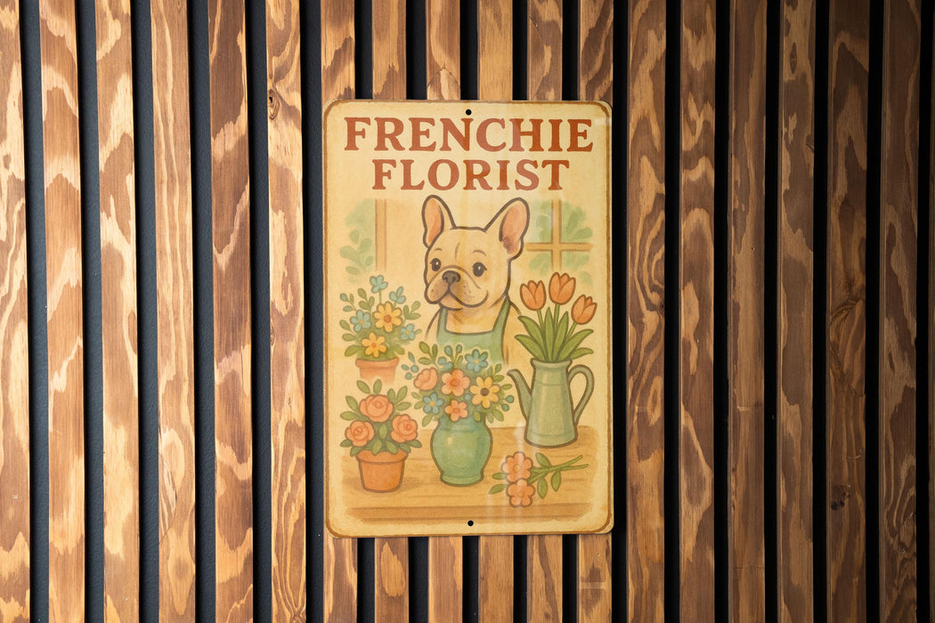 a frenchie florist sign on a wooden wall