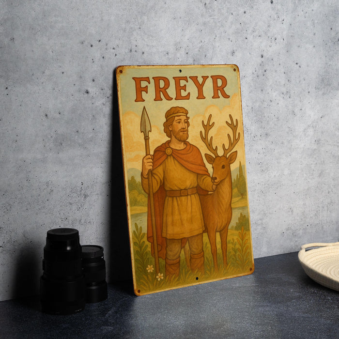 a painting of a man holding a sword and a deer