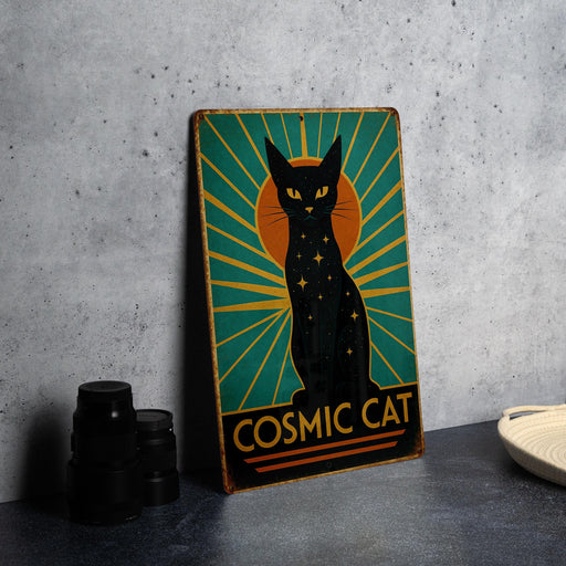 a black cat sitting on top of a wooden sign