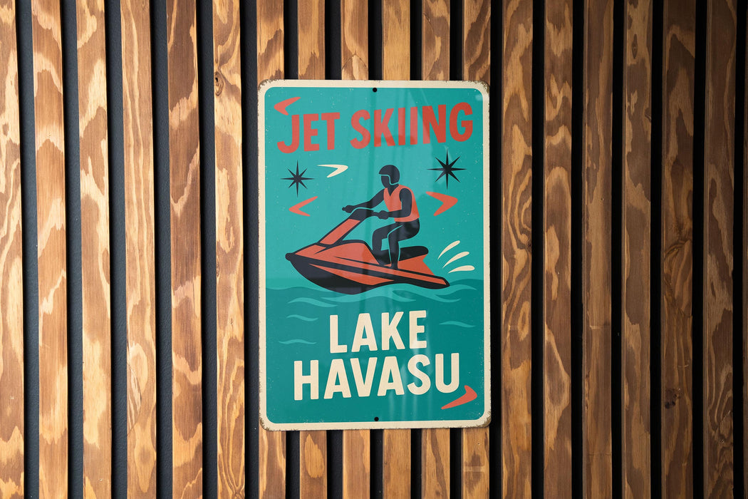 a sign on the side of a building that says get skiing lake hawasu