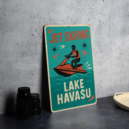 a sign that says jet skiing on a lake hawasu
