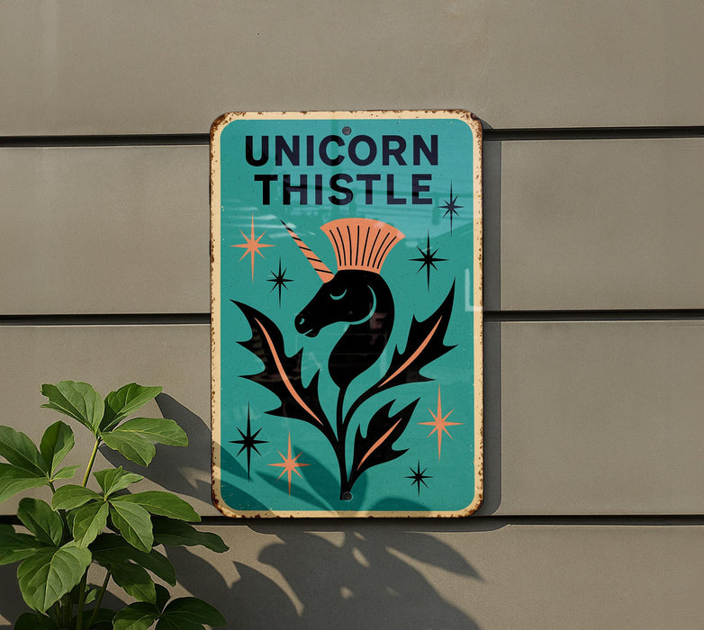 a sign on the side of a building that says unicorn thistle
