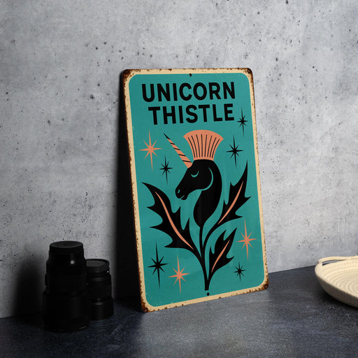 a picture of a sign that says unicorn thistle