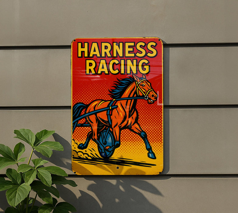 a sign on the side of a building that says harness racing