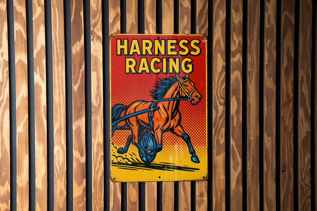 a sign on a wooden wall that says harness racing
