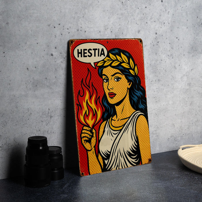 a painting of a woman holding a flame with a speech bubble above her head