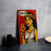 a painting of a woman holding a flame with a speech bubble above her head