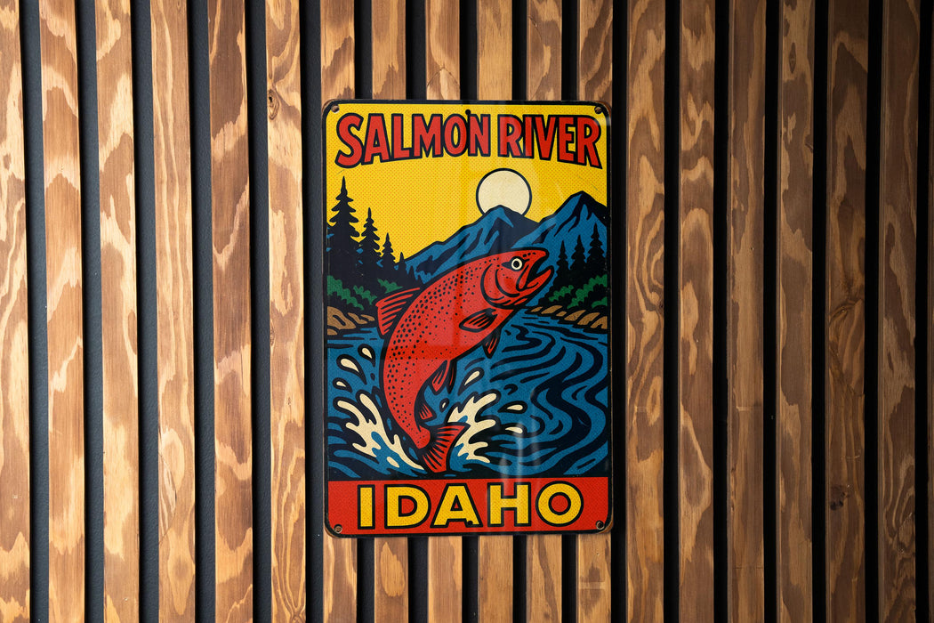 a salmon sign hanging on the side of a wooden wall