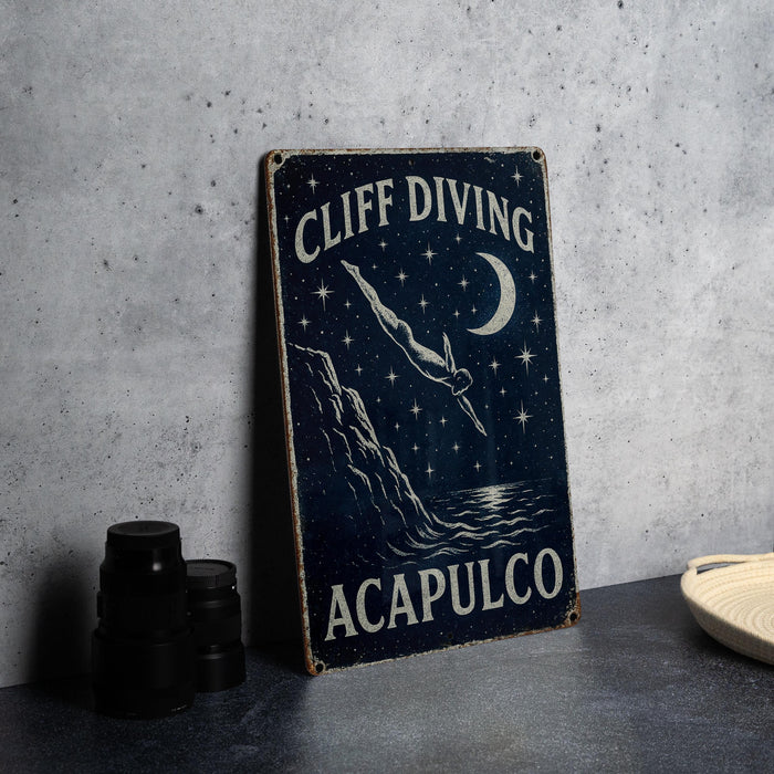 a sign that reads cliff diving acapuloco