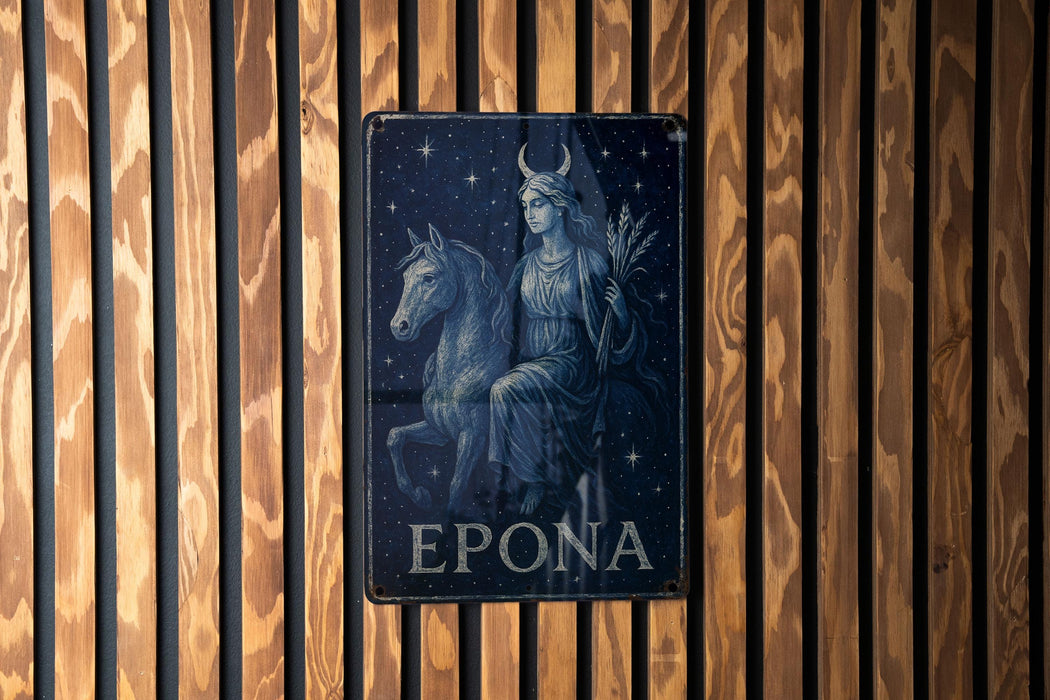 a picture of a woman on a horse on a wooden wall