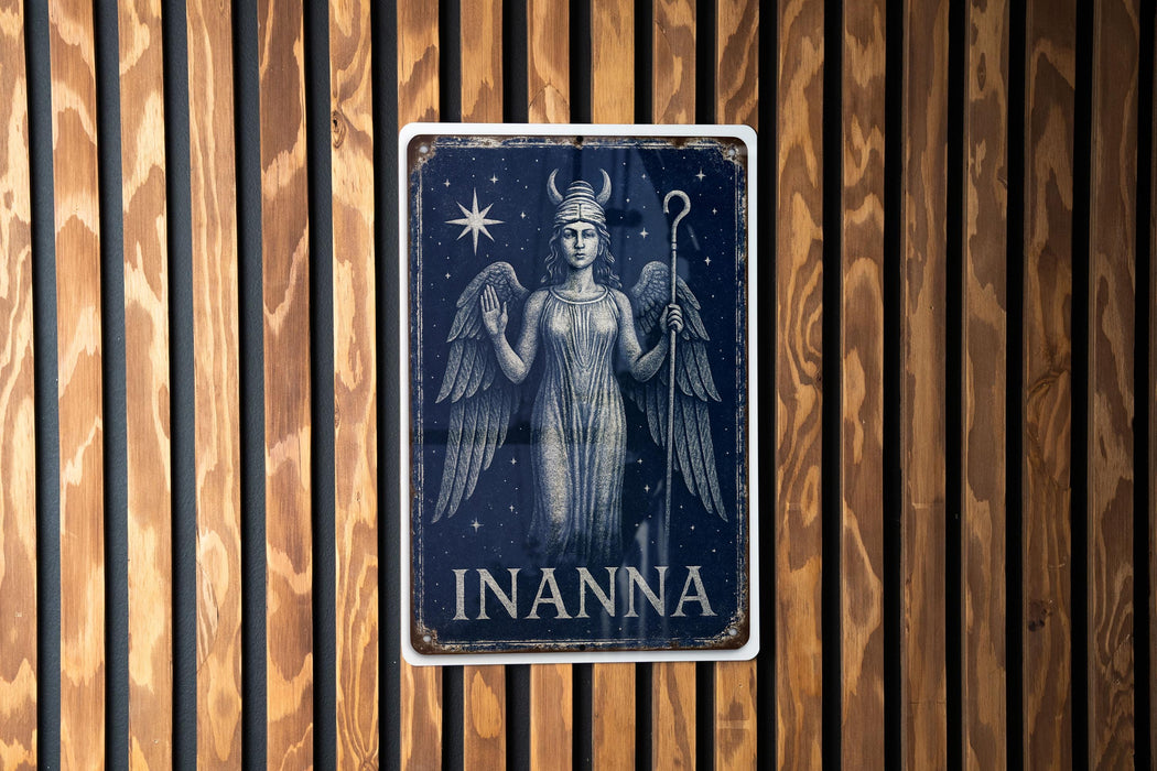 Celestial Inanna Metal Sign – Midnight Blue Goddess Wall Art, Indigo Starry Sky, Silver Accents, Vintage Tin Decor