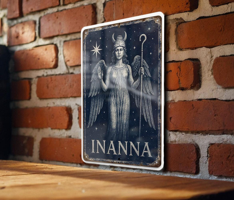 Celestial Inanna Metal Sign – Midnight Blue Goddess Wall Art, Indigo Starry Sky, Silver Accents, Vintage Tin Decor