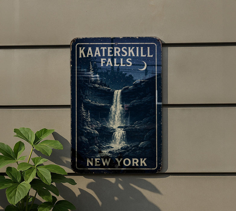 a sign on the side of a building with a waterfall in the background