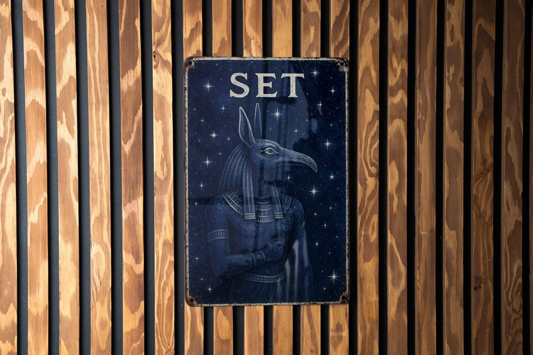 a sign on a wooden wall that says set