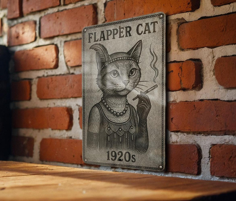 a picture of a cat on a sign on a brick wall