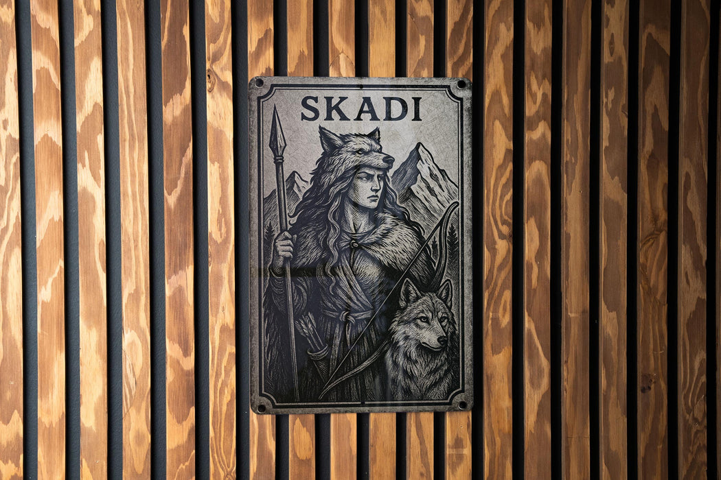 a wooden wall with a sign on it that says skaadi