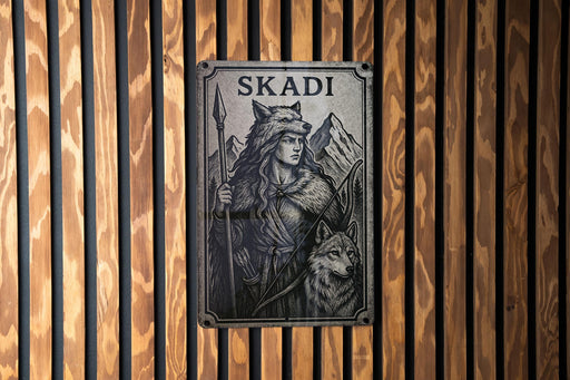 a wooden wall with a sign on it that says skaadi