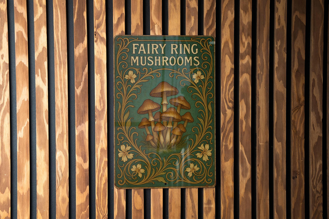a picture of a fairy ring mushrooms sign on a wooden wall