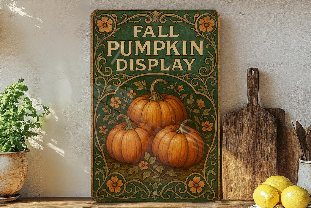 a picture of a pumpkin display on a shelf