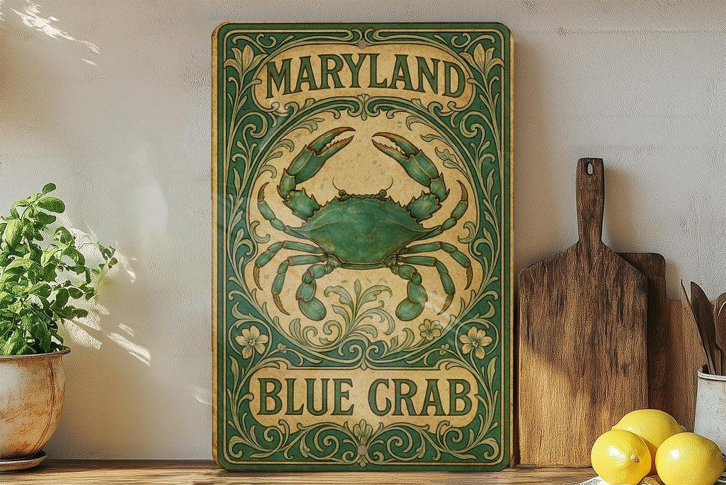 a blue crab sign sitting on top of a wooden shelf