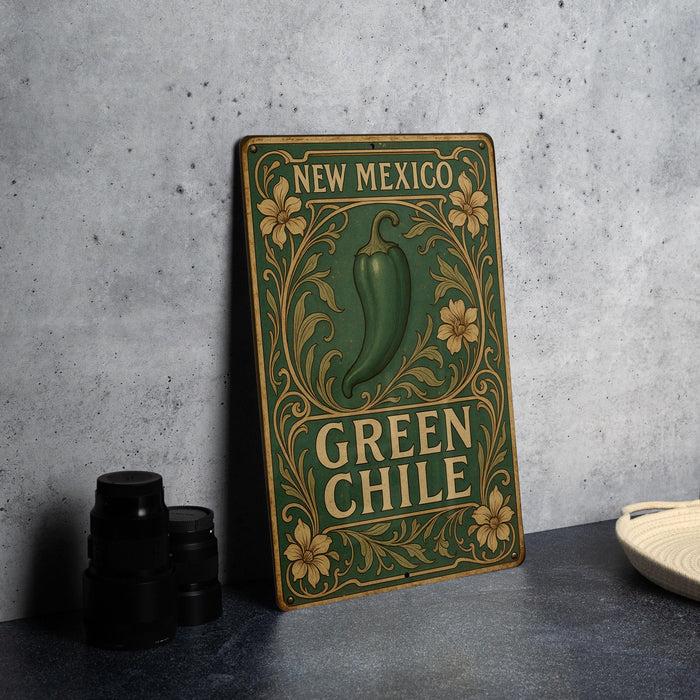 a green chili sign sitting on top of a table