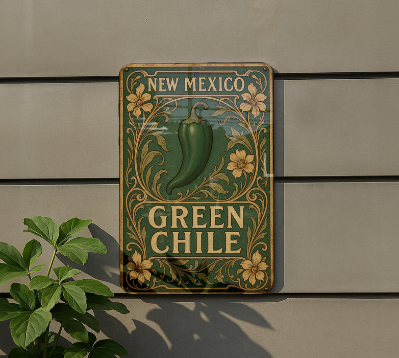 a sign on the side of a building that says green chile