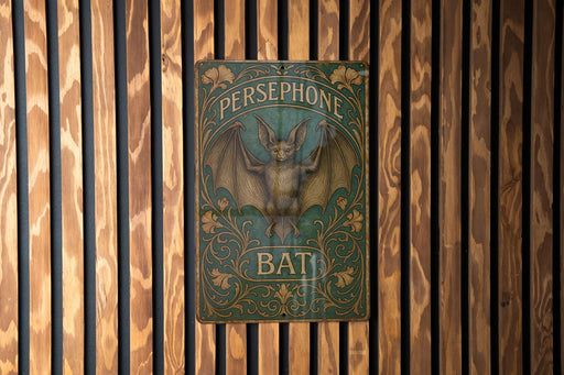 a sign on a wooden wall that says persephone bat