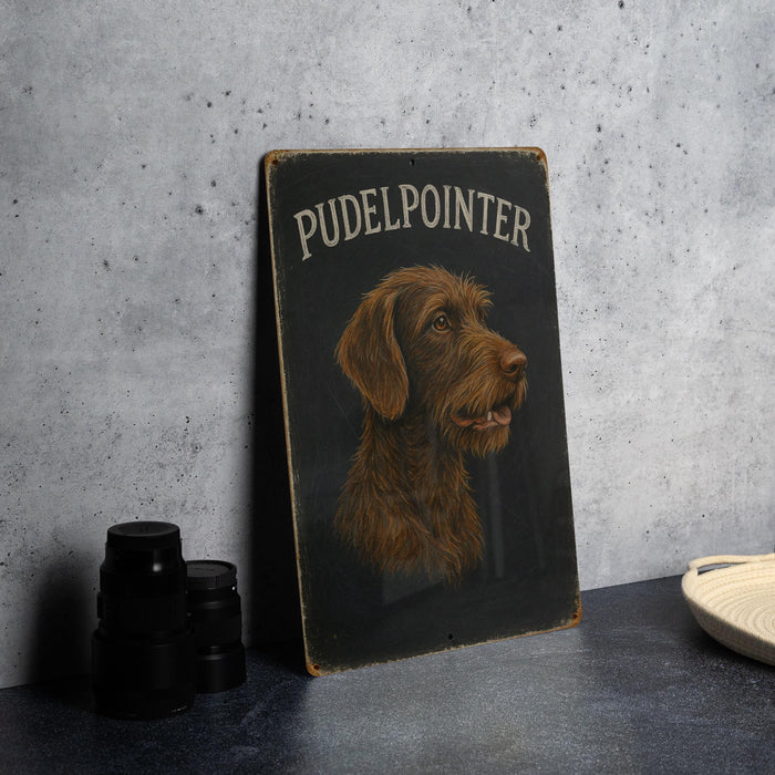 a picture of a dog on a sign next to a pair of binoculars