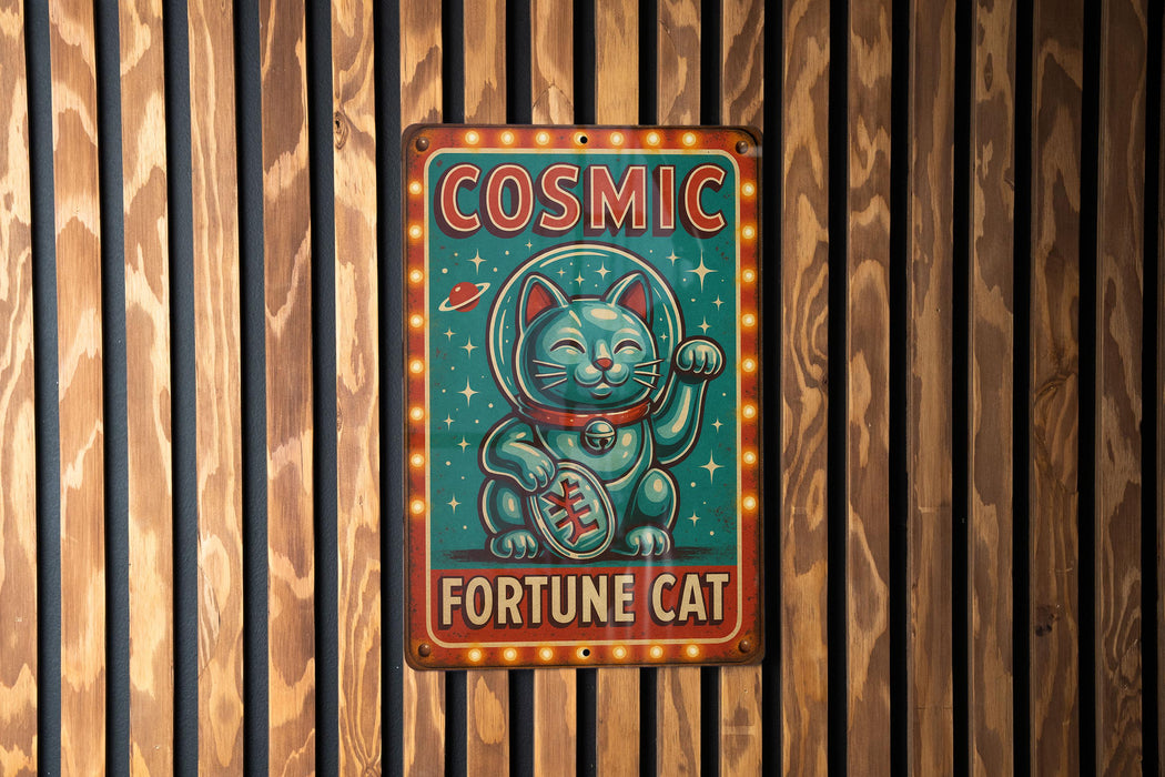 a sign on a wooden wall that says cosmic fortune cat