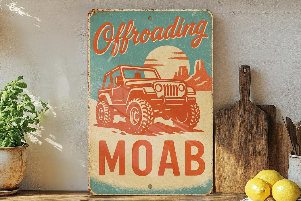 a sign that says offroading moab on a shelf
