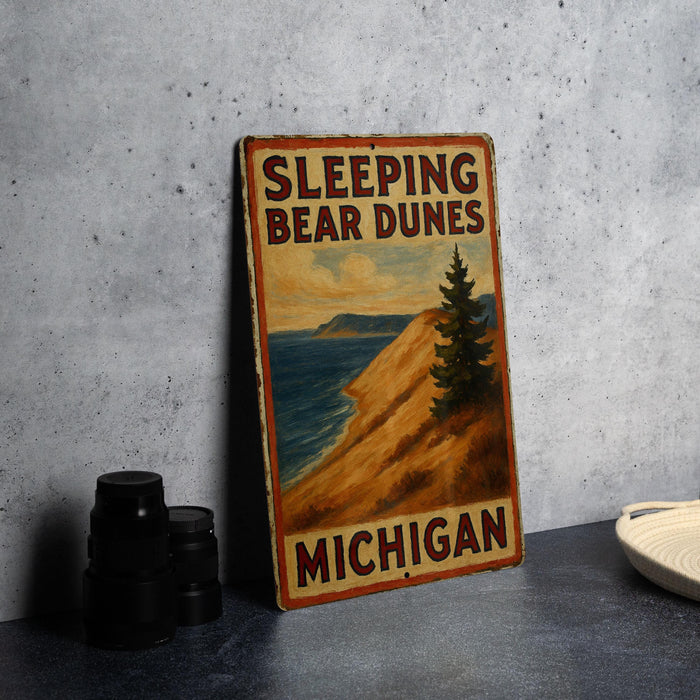 a picture of a sign that says sleeping bear dunes michigan