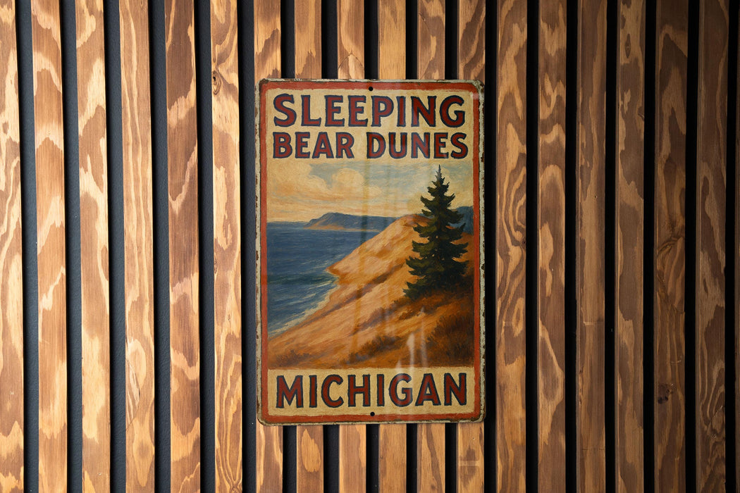 a sign on a wooden wall that says sleeping bear dunes michigan