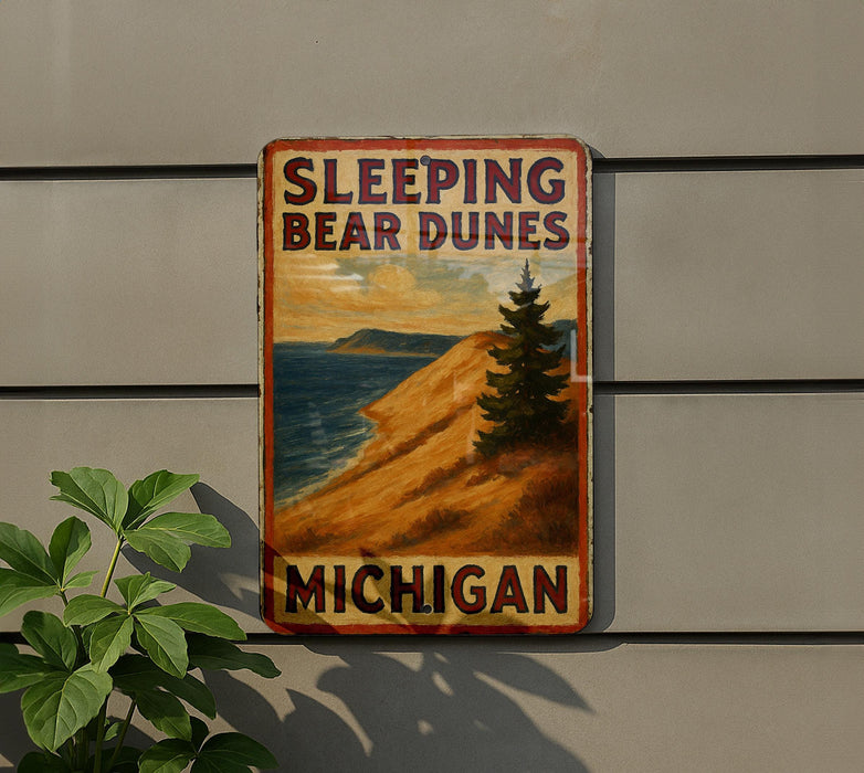 a sign on the side of a building that says sleeping bear dunes michigan