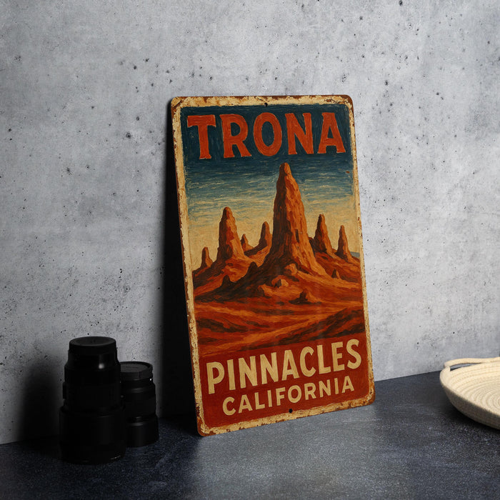 a picture of a sign that says trona pinnacles in california