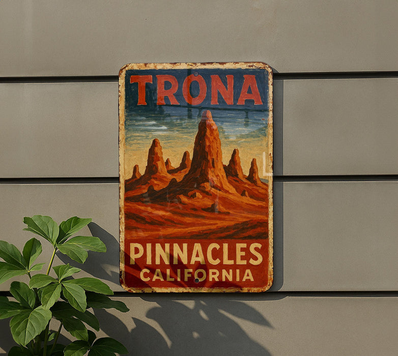 a sign on the side of a building that says trona pinnacles california